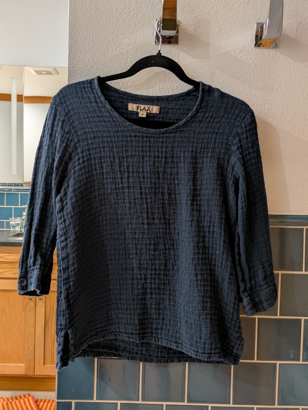 Flax Navy Thick Gauze 3/4 Sleeve Tee